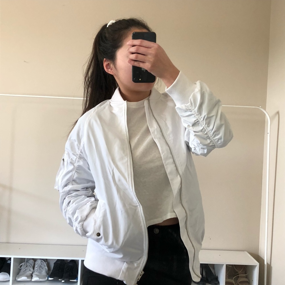 SOLD ON MERC White ruched bomber